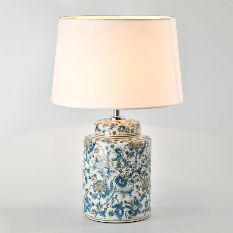Traditional Chinese Celadon Cylinder Ceramic Fabric 1-Light Table Lamp For Bedroom