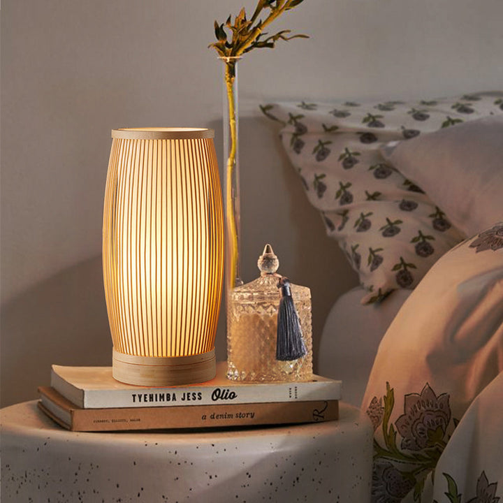 Lámpara de Mesa de 1 Luz de Madera de Bambú Cilíndrica Tradicional Japonesa para Dormitorio 