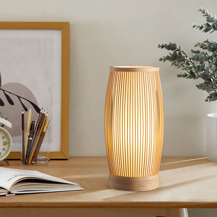 Lámpara de Mesa de 1 Luz de Madera de Bambú Cilíndrica Tradicional Japonesa para Dormitorio 