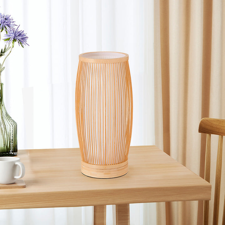 Lámpara de Mesa de 1 Luz de Madera de Bambú Cilíndrica Tradicional Japonesa para Dormitorio 