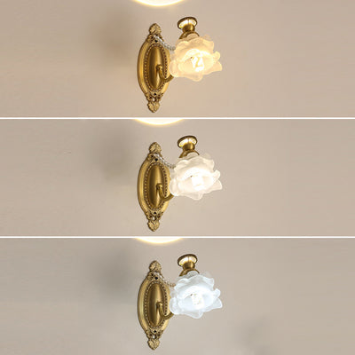 Traditional Vintage Flower Pearl Brass Glass 1-Light Wall Sconce Lamp For Bedroom