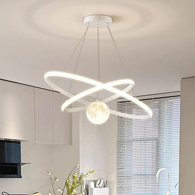 Contemporary Nordic Moon Circle PVC Iron LED Chandelier For Bedroom