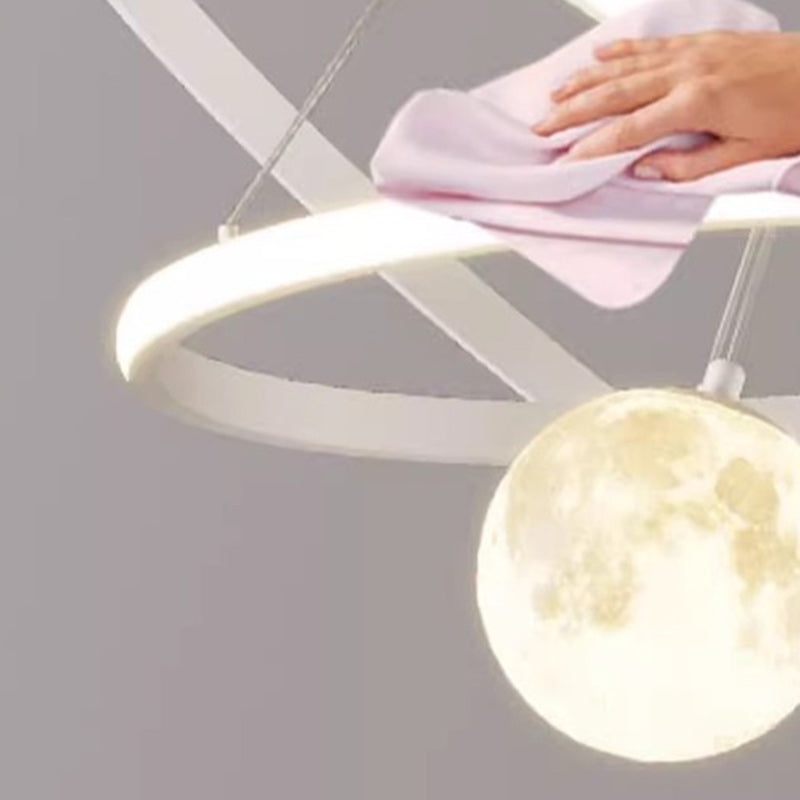 Contemporary Nordic Moon Circle PVC Iron LED Chandelier For Bedroom