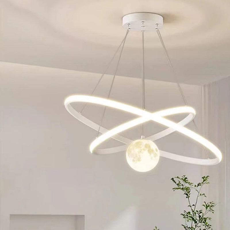 Contemporary Nordic Moon Circle PVC Iron LED Chandelier For Bedroom