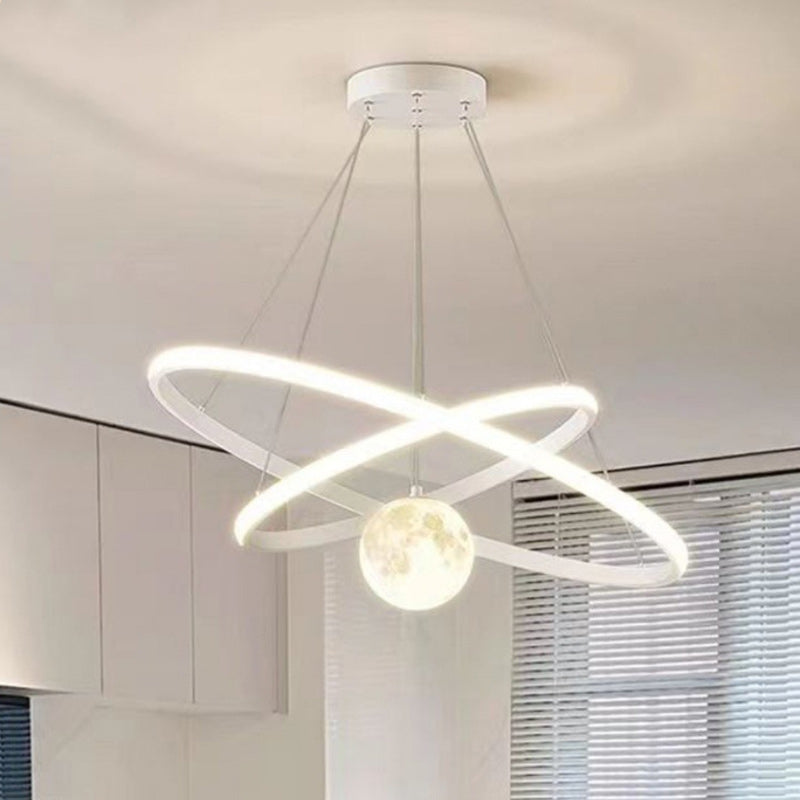 Contemporary Nordic Moon Circle PVC Iron LED Chandelier For Bedroom