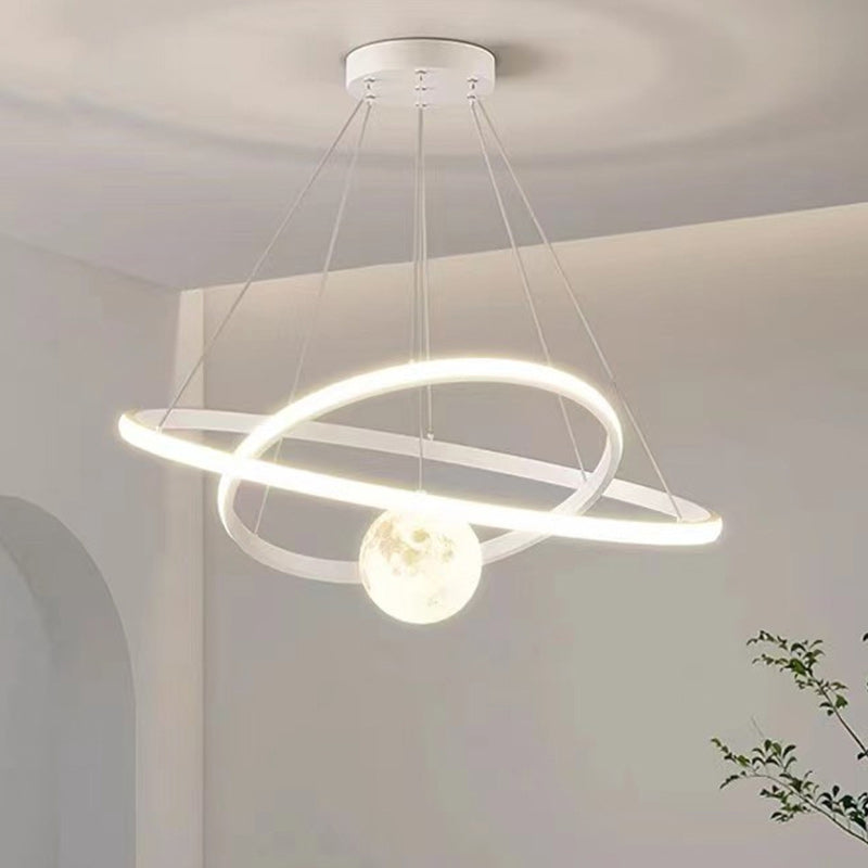Contemporary Nordic Moon Circle PVC Iron LED Chandelier For Bedroom
