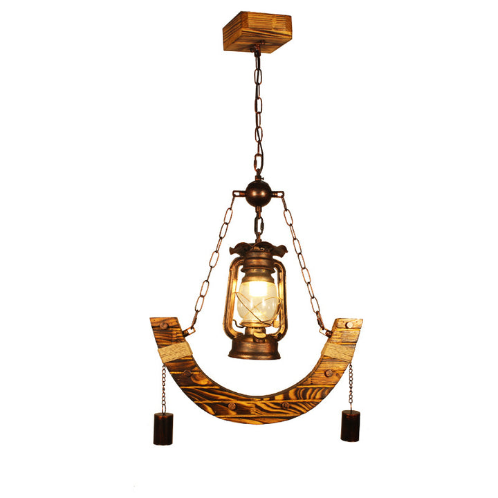 Lustre suspendu traditionnel rustique en métal courbé et bois massif à 1 lumière pour salon 