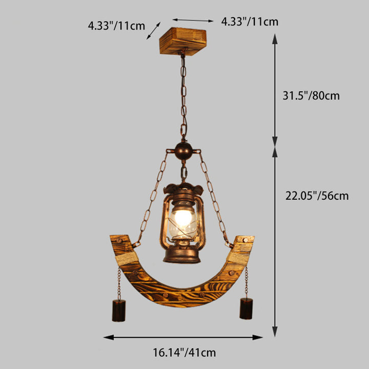 Traditional Rustic Curved Metal Solid Wood 1-Light Pendant Light For Living Room