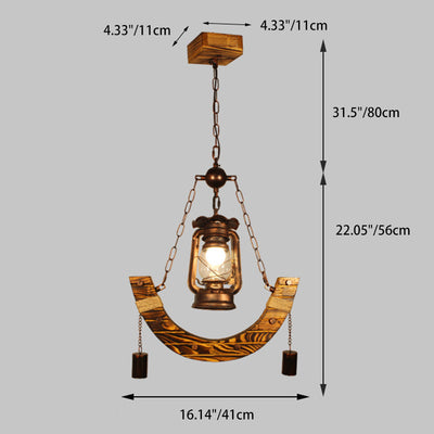 Lámpara colgante de metal curvado rústico tradicional de madera maciza de 1 luz para sala de estar 