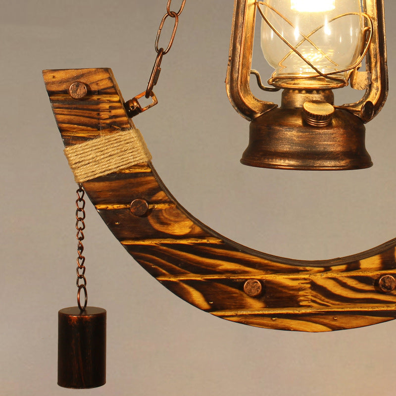 Lustre suspendu traditionnel rustique en métal courbé et bois massif à 1 lumière pour salon 