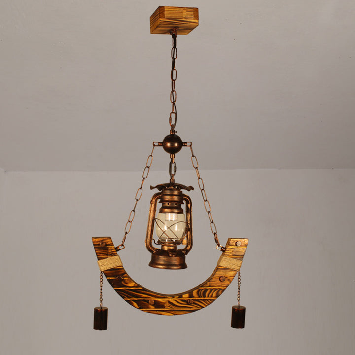 Lustre suspendu traditionnel rustique en métal courbé et bois massif à 1 lumière pour salon 