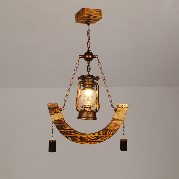 Lustre suspendu traditionnel rustique en métal courbé et bois massif à 1 lumière pour salon 