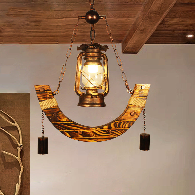 Lustre suspendu traditionnel rustique en métal courbé et bois massif à 1 lumière pour salon 