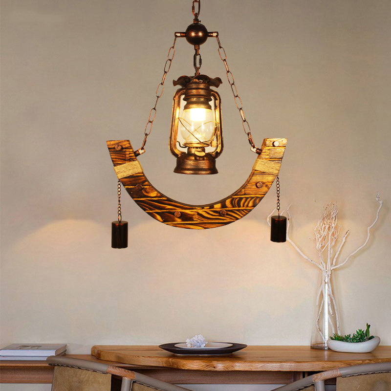 Lustre suspendu traditionnel rustique en métal courbé et bois massif à 1 lumière pour salon 