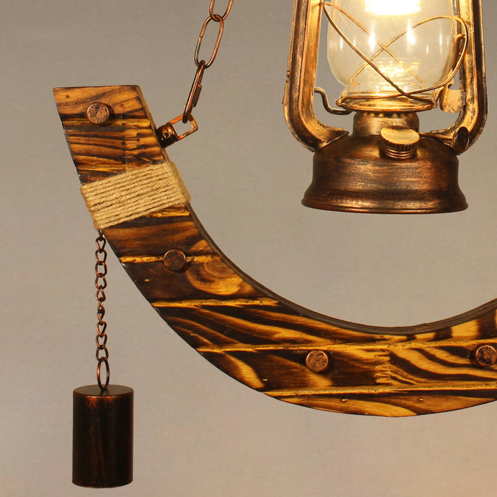 Lustre suspendu traditionnel rustique en métal courbé et bois massif à 1 lumière pour salon 