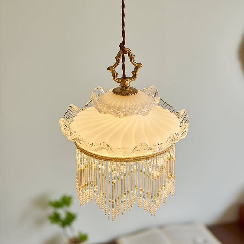 Suspension en verre cuivré à une lumière avec couronne rustique traditionnelle et dôme à pampilles pour chambre 