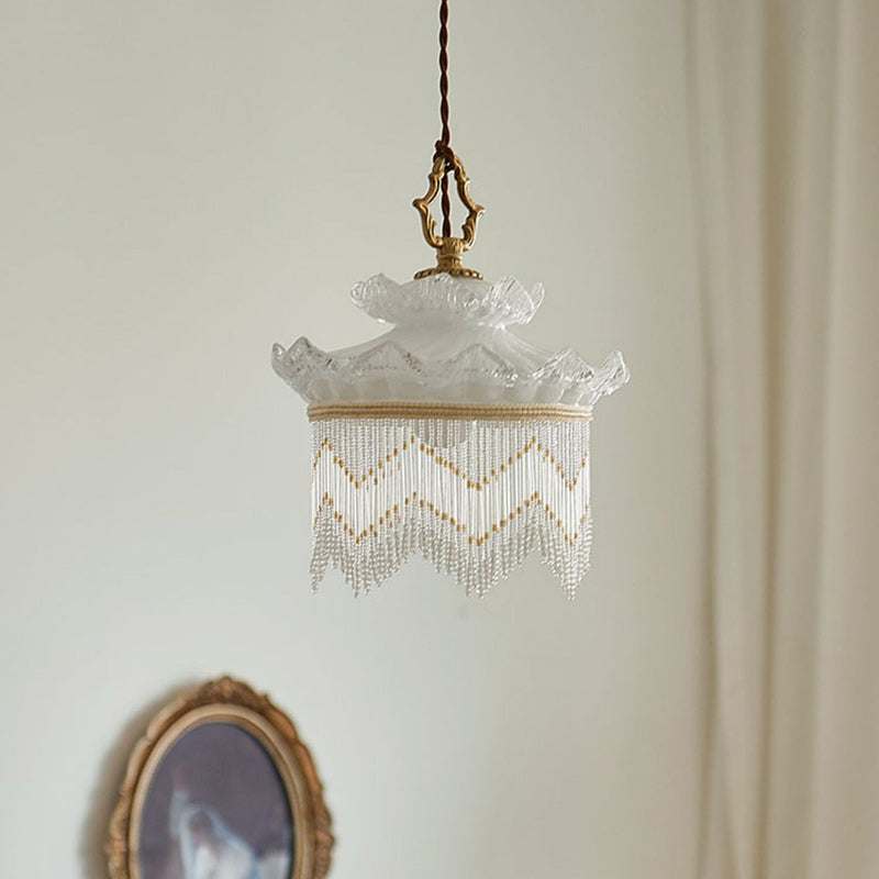 Suspension en verre cuivré à une lumière avec couronne rustique traditionnelle et dôme à pampilles pour chambre 
