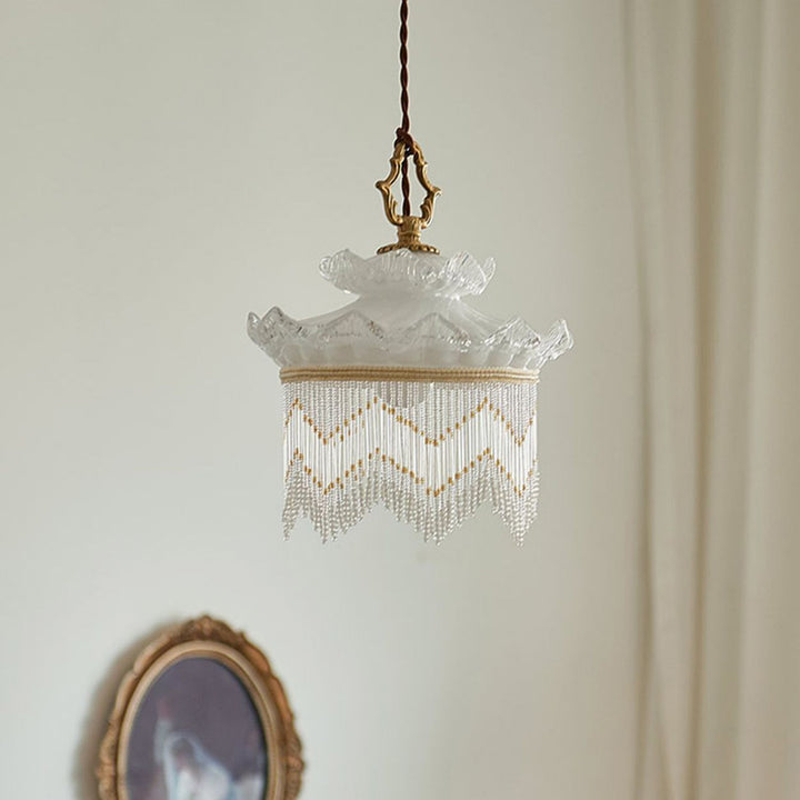 Suspension en verre cuivré à une lumière avec couronne rustique traditionnelle et dôme à pampilles pour chambre 