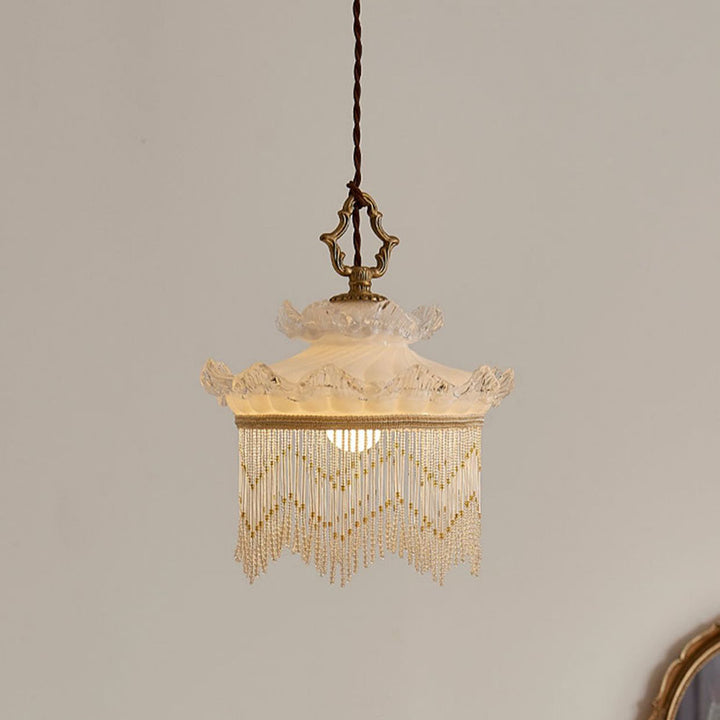 Suspension en verre cuivré à une lumière avec couronne rustique traditionnelle et dôme à pampilles pour chambre 