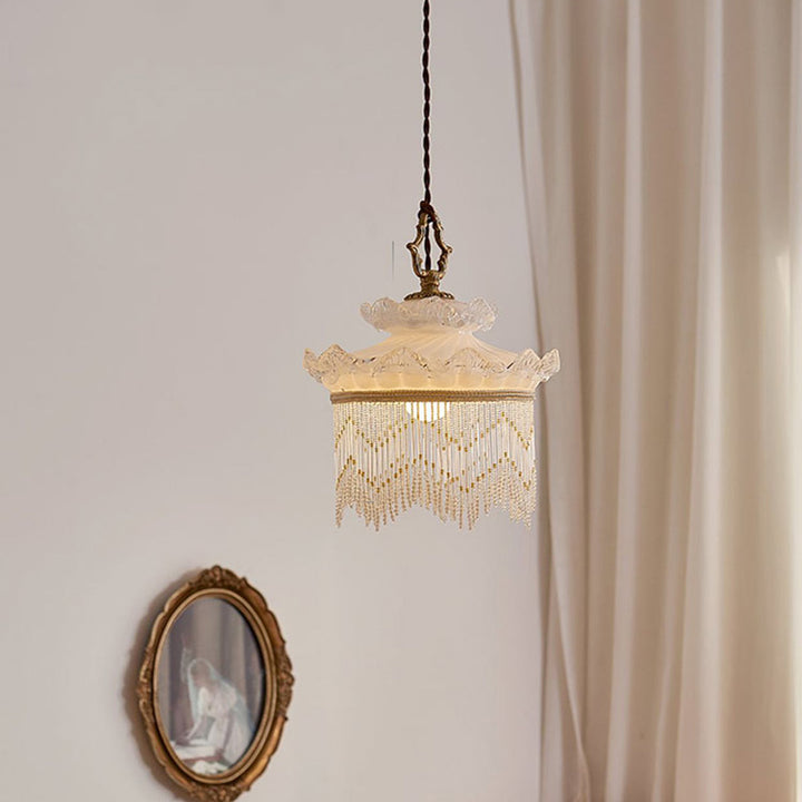 Suspension en verre cuivré à une lumière avec couronne rustique traditionnelle et dôme à pampilles pour chambre 