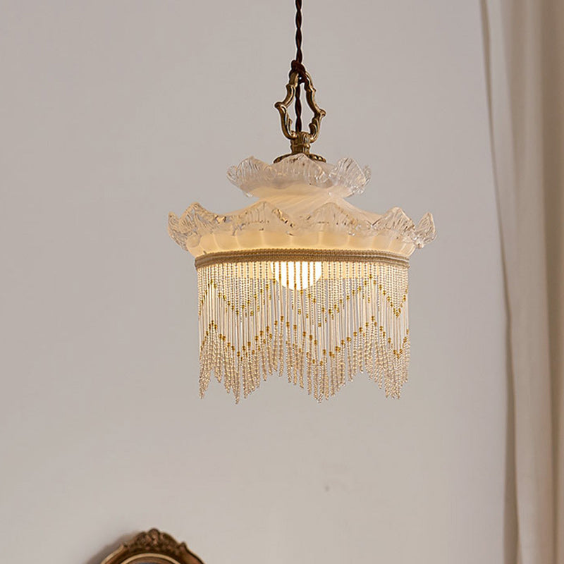 Suspension en verre cuivré à une lumière avec couronne rustique traditionnelle et dôme à pampilles pour chambre 