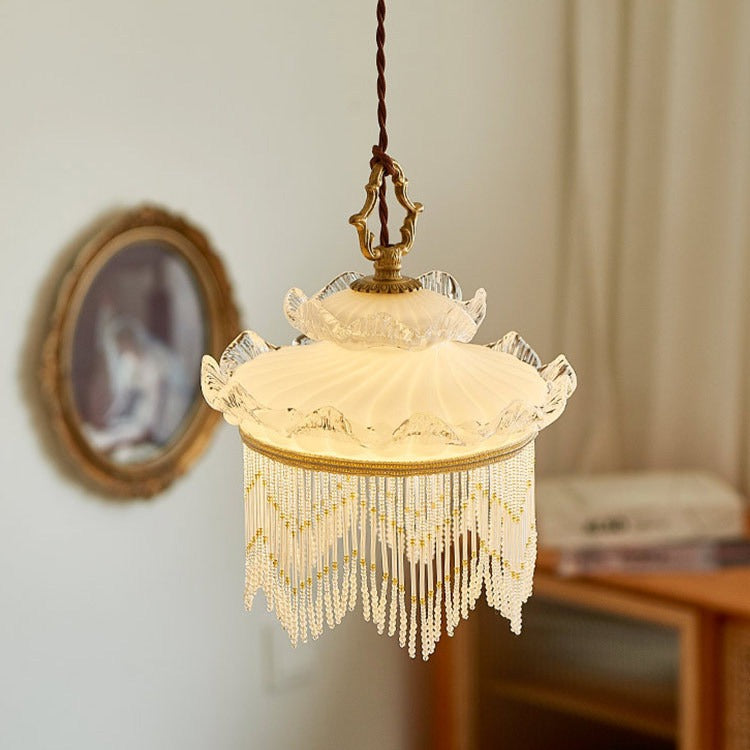 Suspension en verre cuivré à une lumière avec couronne rustique traditionnelle et dôme à pampilles pour chambre 