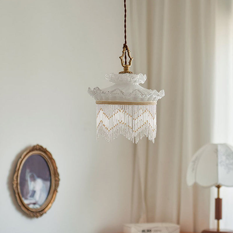 Suspension en verre cuivré à une lumière avec couronne rustique traditionnelle et dôme à pampilles pour chambre 