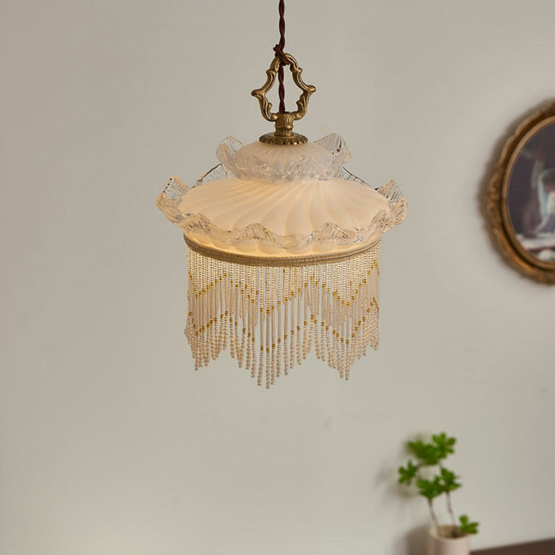 Suspension en verre cuivré à une lumière avec couronne rustique traditionnelle et dôme à pampilles pour chambre 