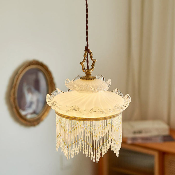 Suspension en verre cuivré à une lumière avec couronne rustique traditionnelle et dôme à pampilles pour chambre 