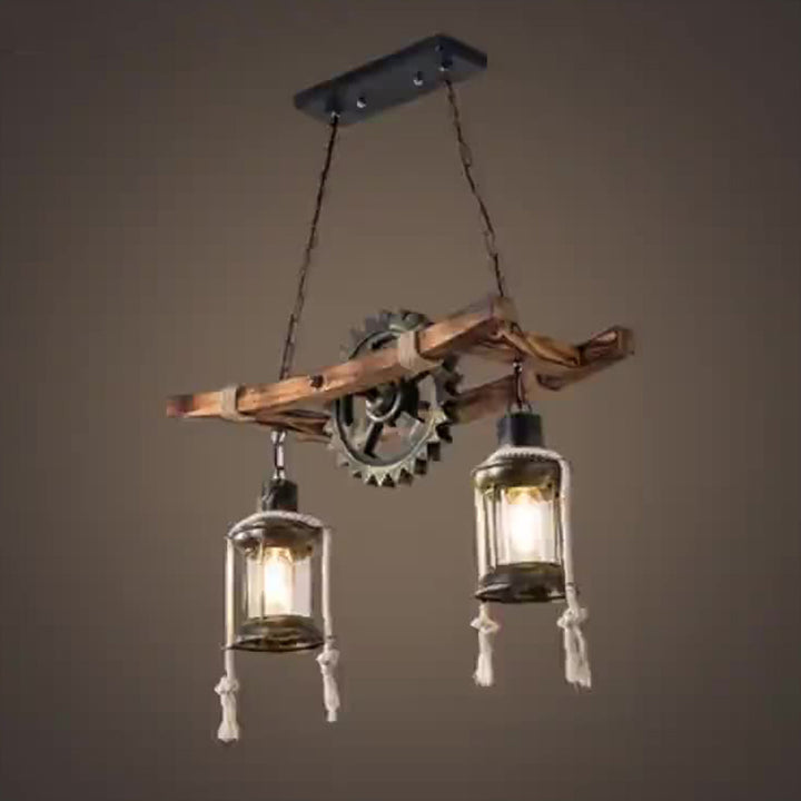 Contemporary Industrial Cylinders Solid Wood Iron 2-Light Chandelier Island Light For Dining Room