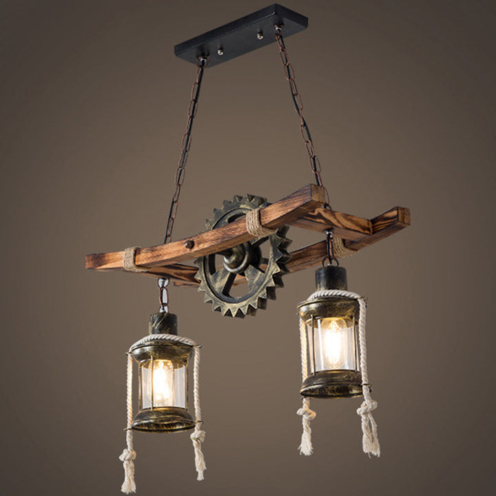 Contemporary Industrial Cylinders Solid Wood Iron 2-Light Chandelier Island Light For Dining Room