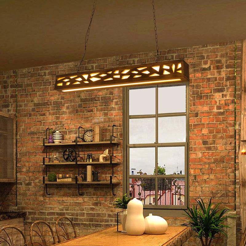 Lustre rectangulaire rustique traditionnel en fer et bois massif avec LED pour îlot de cuisine dans la salle à manger 