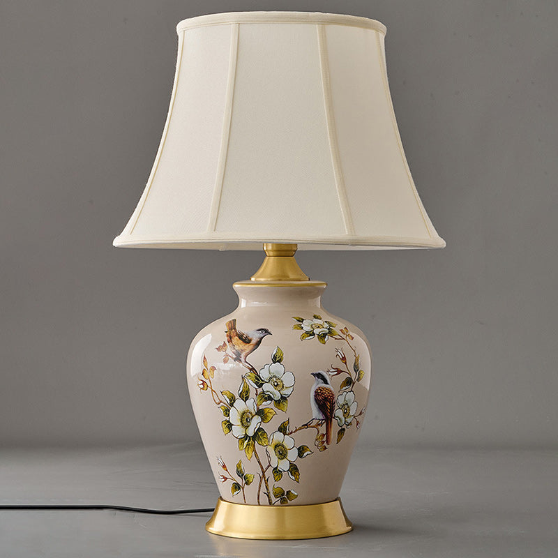 Lampe de Table 1 Lumière en Tissu Céramique en Cuivre à Frustum Chinois Traditionnel pour Chambre 