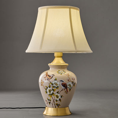 Lampe de Table 1 Lumière en Tissu Céramique en Cuivre à Frustum Chinois Traditionnel pour Chambre 