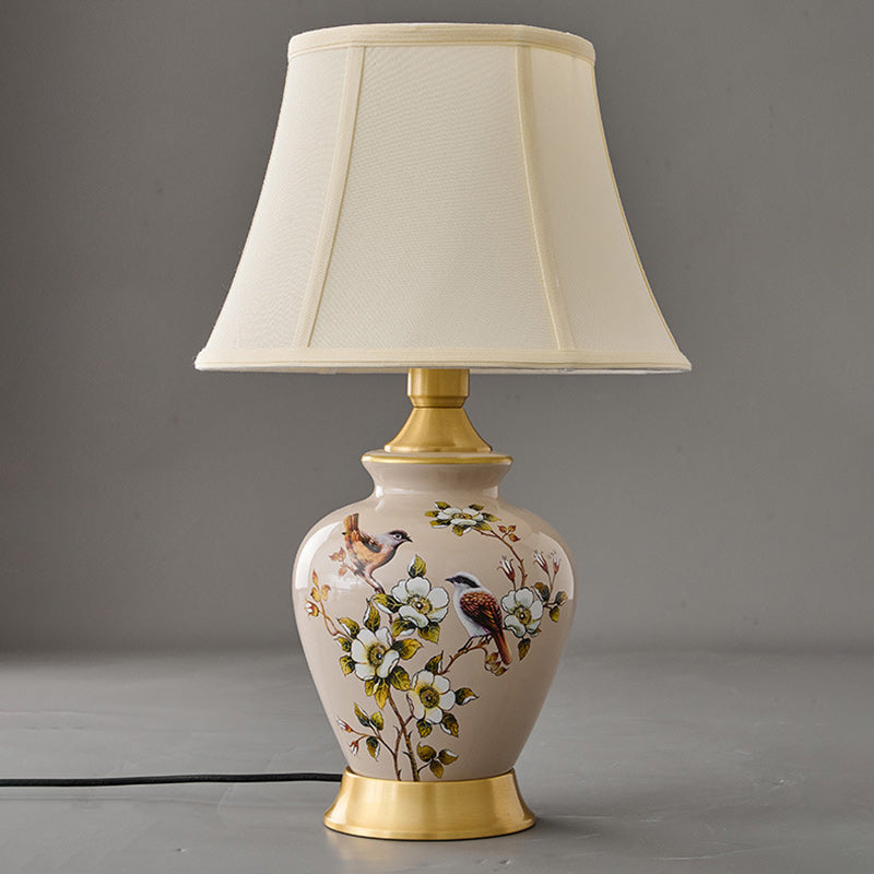 Lampe de Table 1 Lumière en Tissu Céramique en Cuivre à Frustum Chinois Traditionnel pour Chambre 
