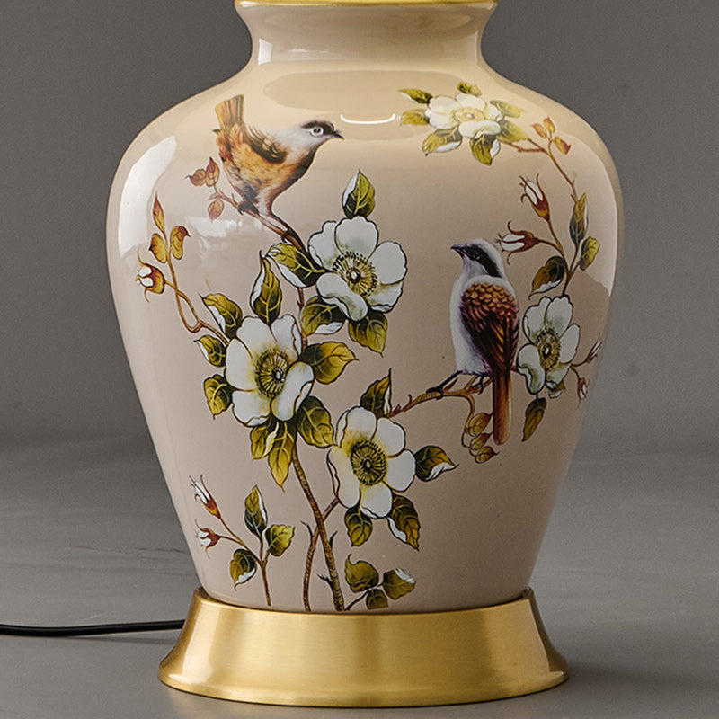 Lampe de Table 1 Lumière en Tissu Céramique en Cuivre à Frustum Chinois Traditionnel pour Chambre 