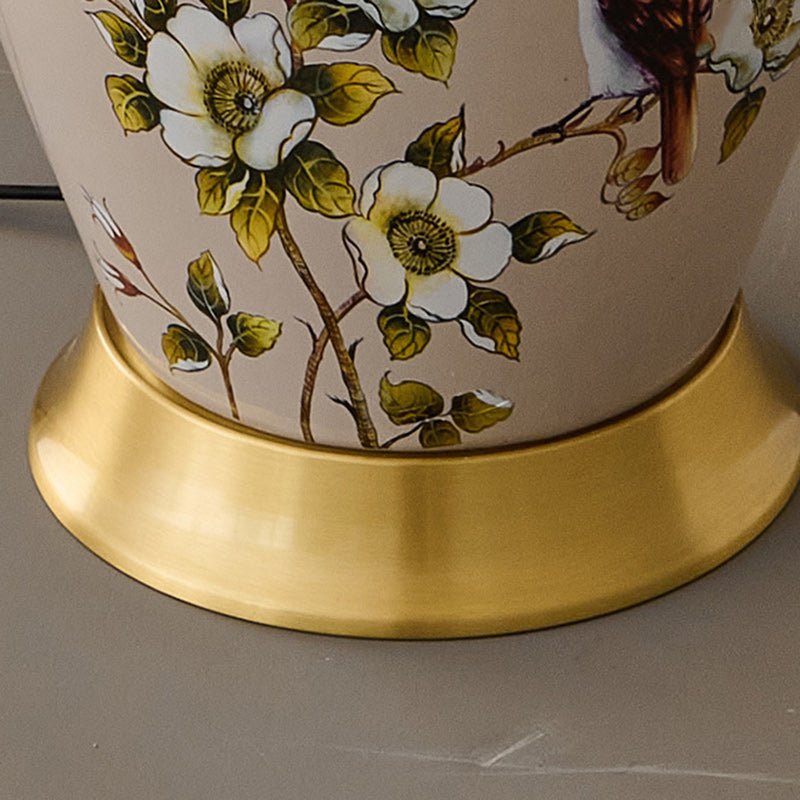 Lampe de Table 1 Lumière en Tissu Céramique en Cuivre à Frustum Chinois Traditionnel pour Chambre 