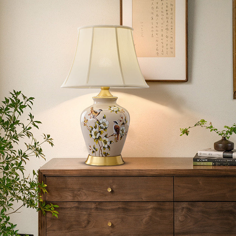 Lampe de Table 1 Lumière en Tissu Céramique en Cuivre à Frustum Chinois Traditionnel pour Chambre 