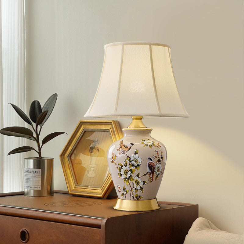 Lampe de Table 1 Lumière en Tissu Céramique en Cuivre à Frustum Chinois Traditionnel pour Chambre 