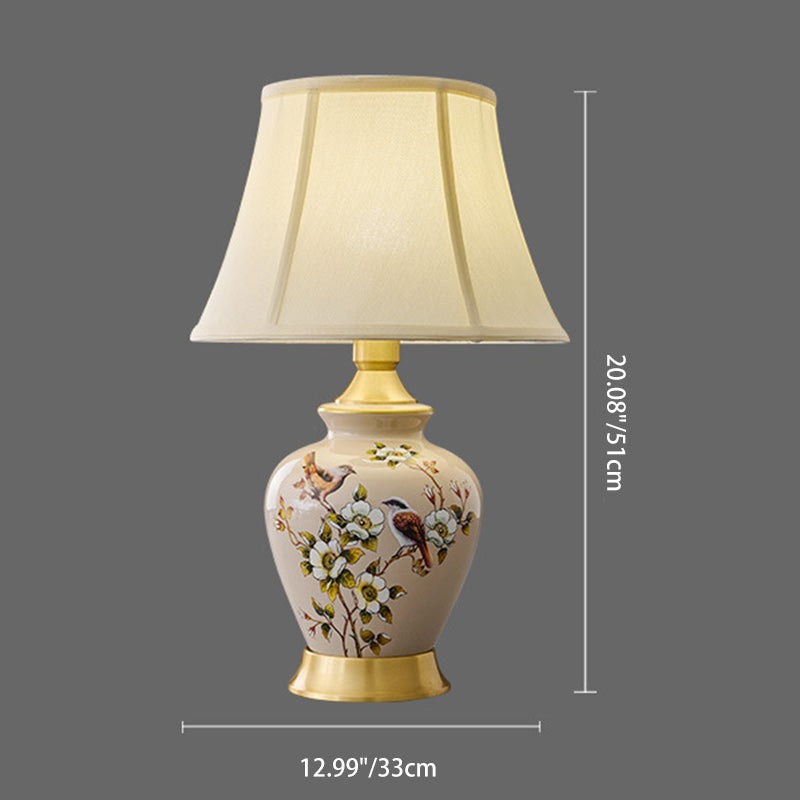 Lampe de Table 1 Lumière en Tissu Céramique en Cuivre à Frustum Chinois Traditionnel pour Chambre 