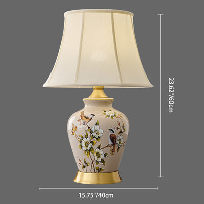 Lampe de Table 1 Lumière en Tissu Céramique en Cuivre à Frustum Chinois Traditionnel pour Chambre 