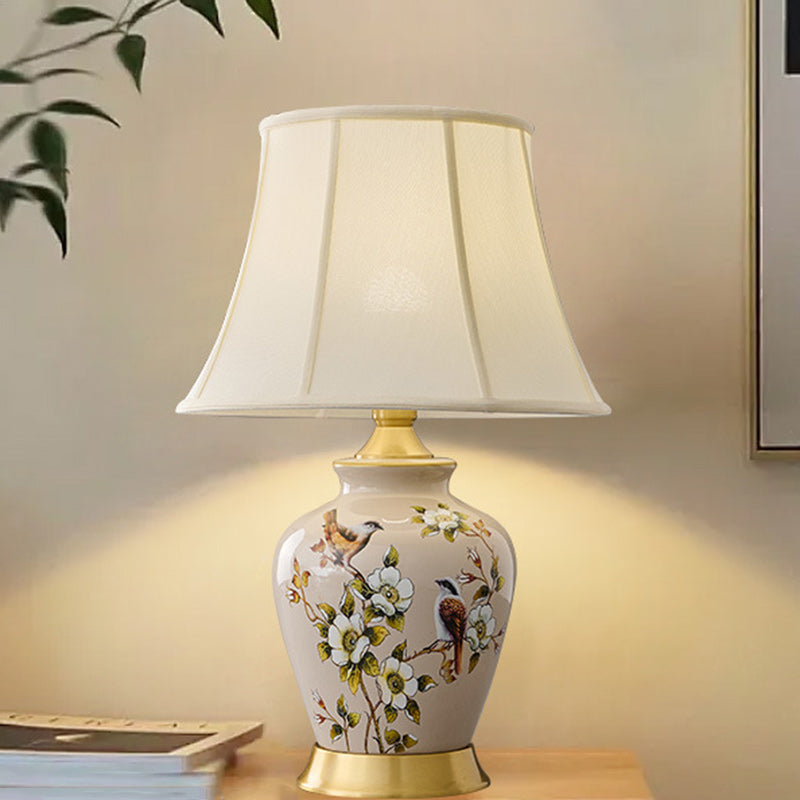 Lampe de Table 1 Lumière en Tissu Céramique en Cuivre à Frustum Chinois Traditionnel pour Chambre 