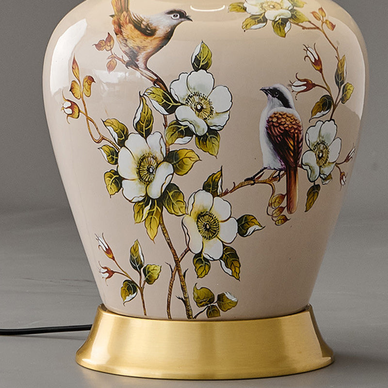 Lampe de Table 1 Lumière en Tissu Céramique en Cuivre à Frustum Chinois Traditionnel pour Chambre 
