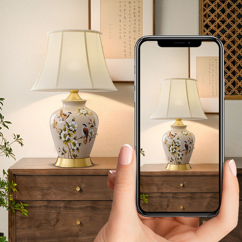 Lampe de Table 1 Lumière en Tissu Céramique en Cuivre à Frustum Chinois Traditionnel pour Chambre 