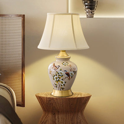 Lampe de Table 1 Lumière en Tissu Céramique en Cuivre à Frustum Chinois Traditionnel pour Chambre 