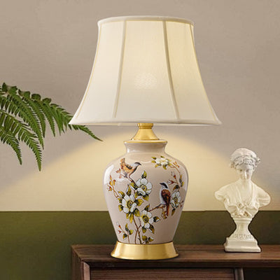 Lampe de Table 1 Lumière en Tissu Céramique en Cuivre à Frustum Chinois Traditionnel pour Chambre 