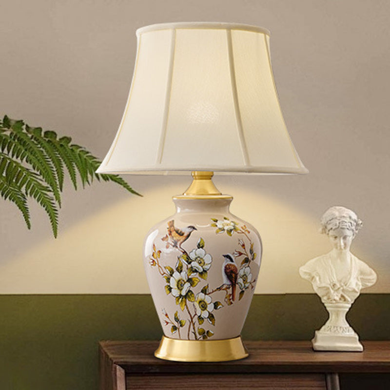 Lampe de Table 1 Lumière en Tissu Céramique en Cuivre à Frustum Chinois Traditionnel pour Chambre 