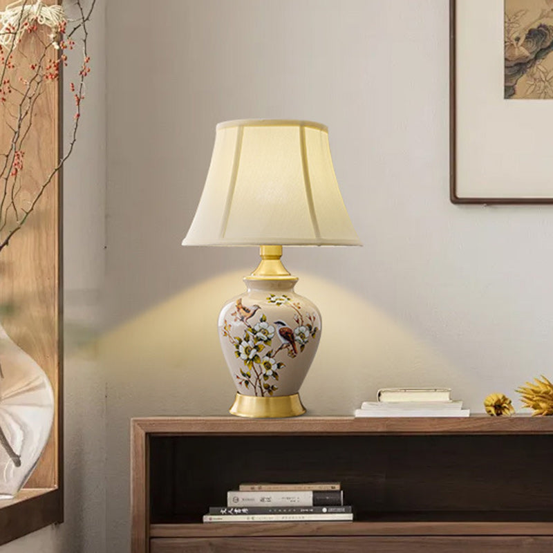 Lampe de Table 1 Lumière en Tissu Céramique en Cuivre à Frustum Chinois Traditionnel pour Chambre 