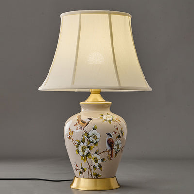 Lampe de Table 1 Lumière en Tissu Céramique en Cuivre à Frustum Chinois Traditionnel pour Chambre 