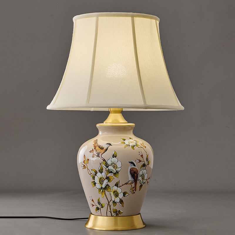 Lampe de Table 1 Lumière en Tissu Céramique en Cuivre à Frustum Chinois Traditionnel pour Chambre 